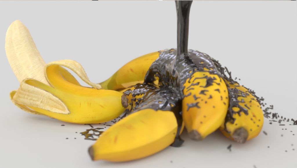 3D Computer rended image of bananas with black ink split all over them. Part of our portfolio.
