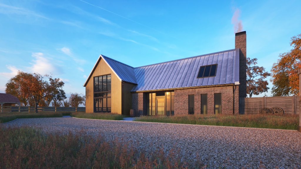 a 3d computer generated image of a new build farmhouse
